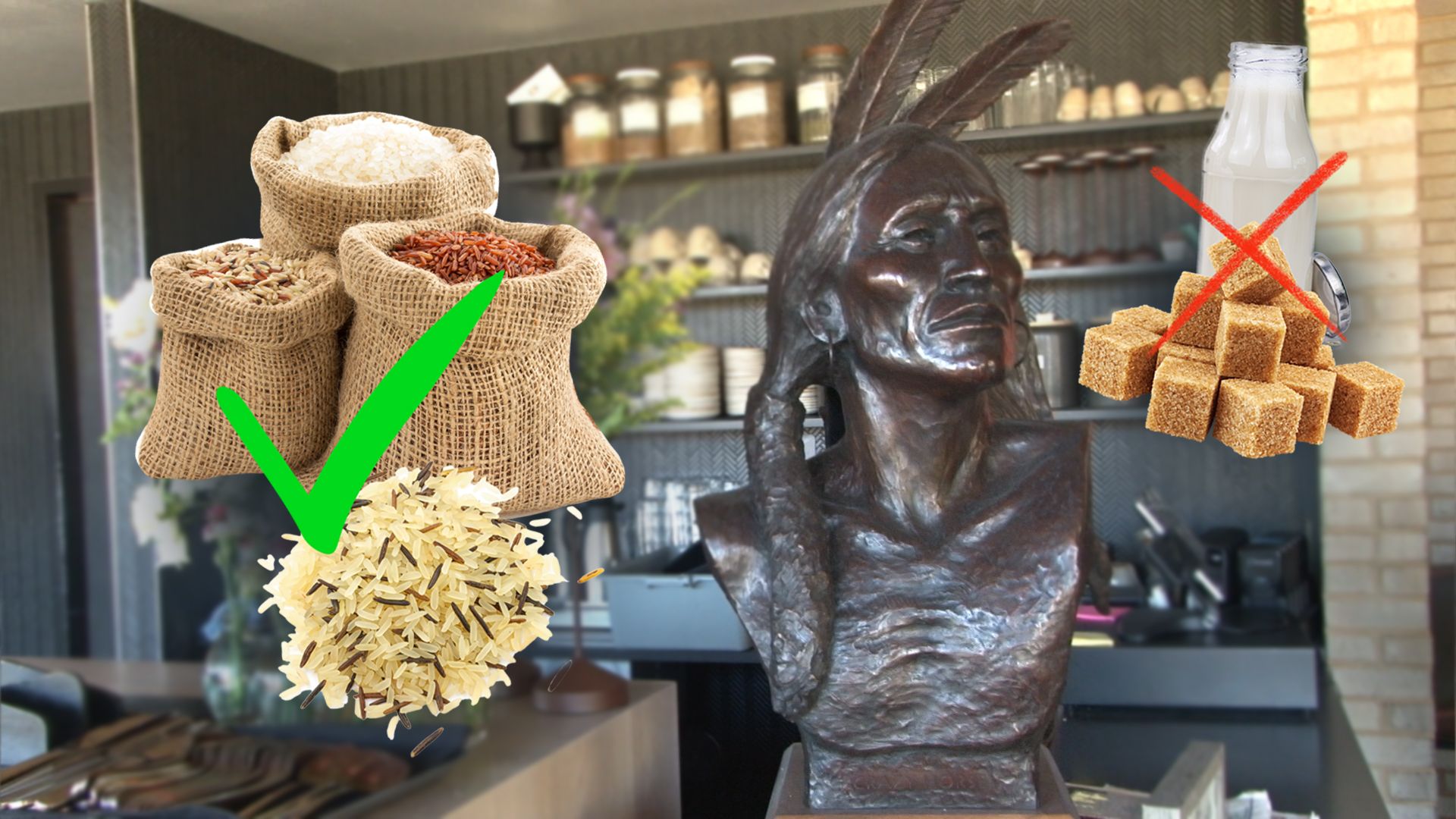 umwin1.com - A bronze bust of an Indigenous American figure sits in a kitchen, overlaid with sacks of rice marked with a green check and milk with sugar cubes crossed out.