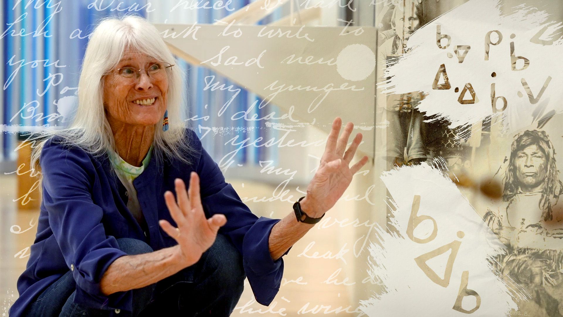 spacebet.bet - Smiling older woman with long white hair gestures with open hands; collage background of English and Native American writing, paper texture, and vintage portraits.